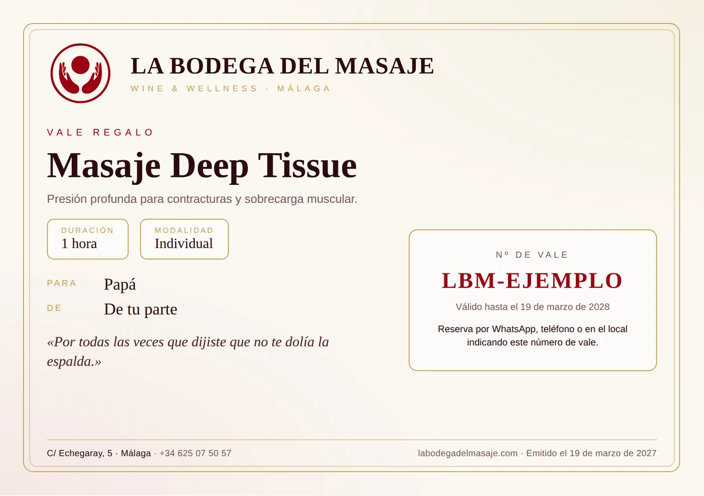 Ejemplo de vale regalo del Día del Padre de La Bodega del Masaje para un masaje Deep Tissue
