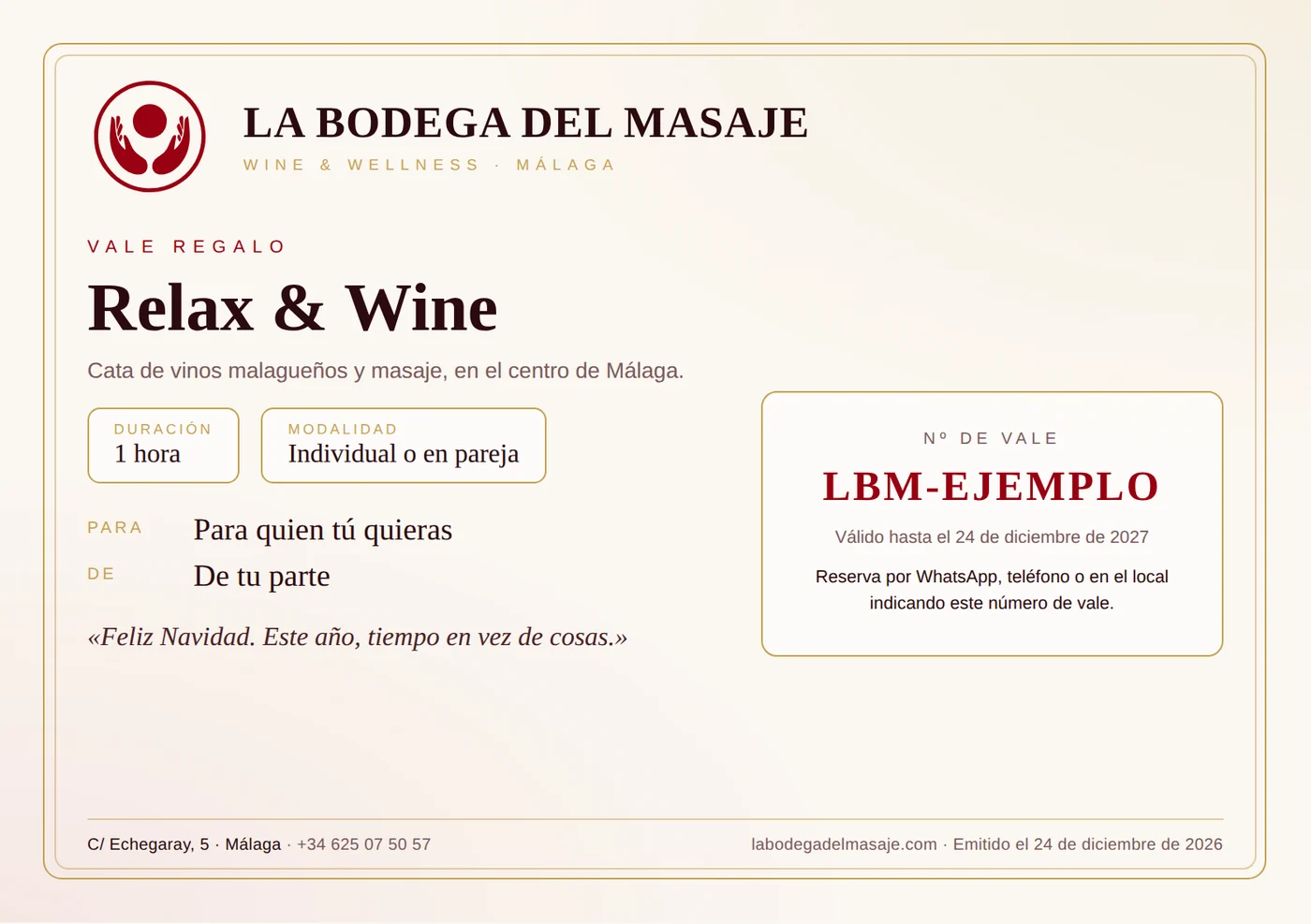 Ejemplo de vale regalo de Navidad de La Bodega del Masaje para la experiencia Relax & Wine