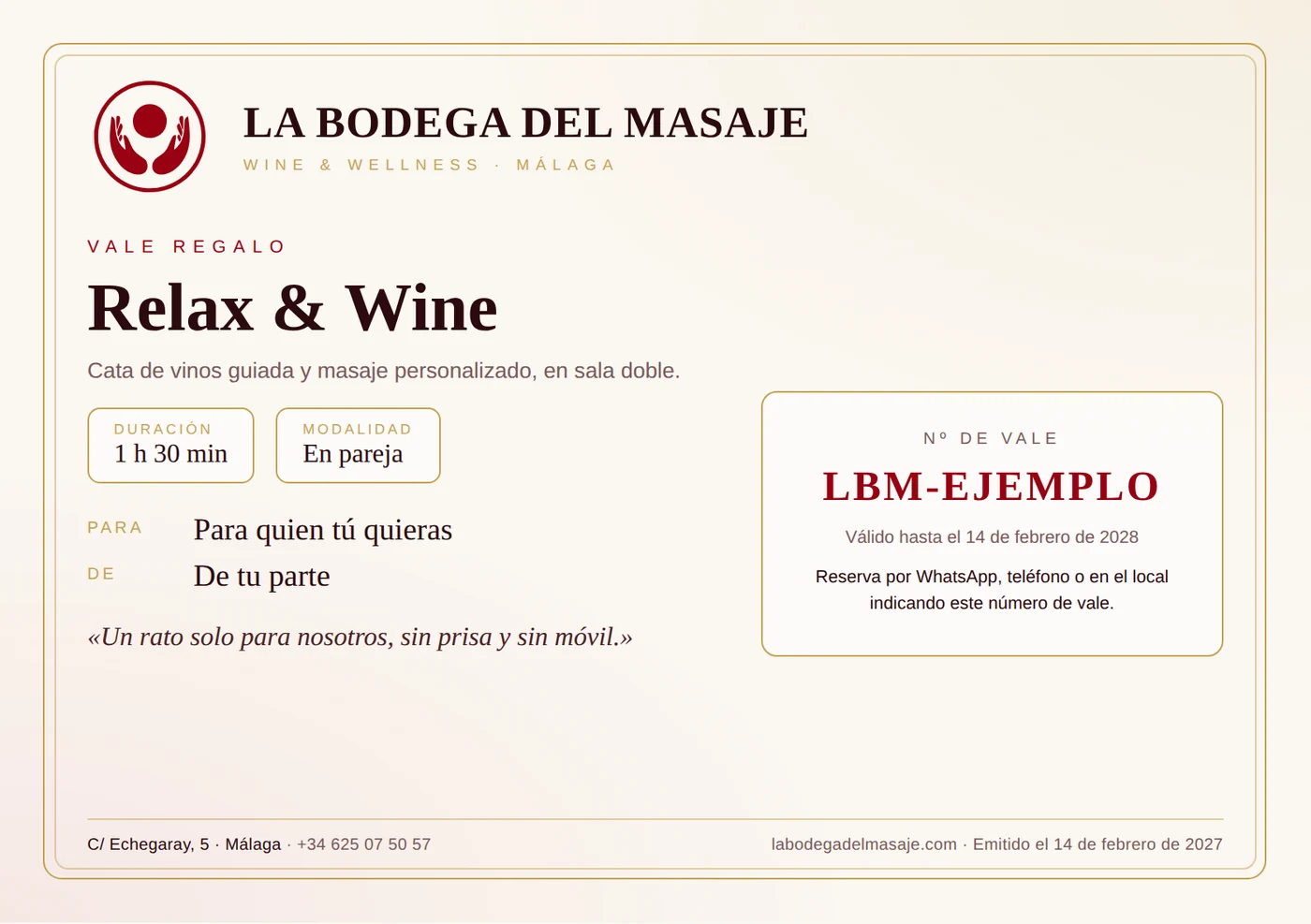 Ejemplo de vale regalo de San Valentín de La Bodega del Masaje para la experiencia Relax & Wine en pareja